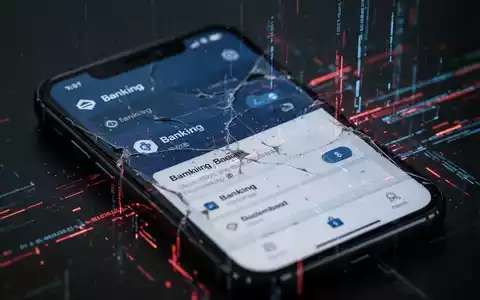 Nahaufnahme eines Smartphone-Bildschirms mit einer verzerrten Banking-App-Oberfläche, die eine digitale Bedrohung darstellt. - Foto: über boerse-global.de