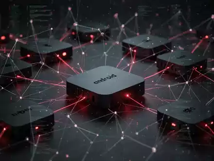 Dunkle, vernetzte Android TV-Boxen mit roten Lichtern, die ein abstraktes Botnet-Netzwerk und eine digitale Bedrohung darstellen. - Foto: über boerse-global.de