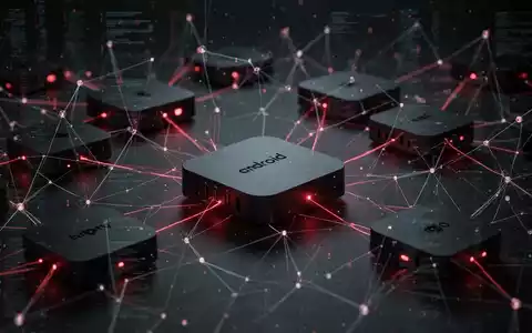 Dunkle, vernetzte Android TV-Boxen mit roten Lichtern, die ein abstraktes Botnet-Netzwerk und eine digitale Bedrohung darstellen. - Foto: über boerse-global.de