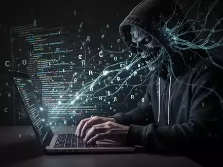 A shadowy figure uses a laptop, surrounded by glowing code and a menacing AI neural network, symbolizing cyber threats. - Foto: über boerse-global.de
