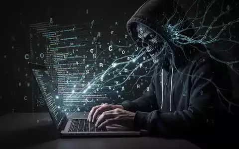 A shadowy figure uses a laptop, surrounded by glowing code and a menacing AI neural network, symbolizing cyber threats. - Foto: über boerse-global.de