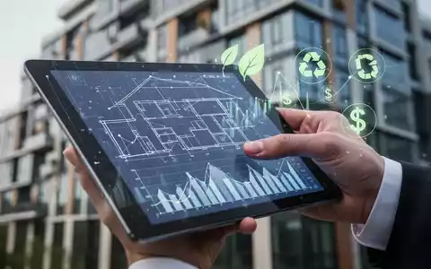 Eine Hand hält ein Tablet mit Bauplänen und ESG-Symbolen. Im Hintergrund ist ein modernes, nachhaltiges Gebäude unscharf zu sehen. - Foto: über boerse-global.de