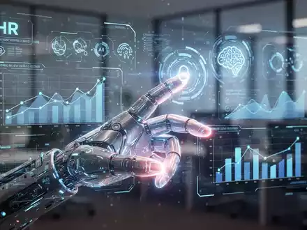 Eine futuristische Hand interagiert mit einer holografischen Benutzeroberfläche, die HR-Daten und KI-Symbole anzeigt, im Hintergrund ein Büro. - Foto: über boerse-global.de