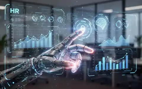 Eine futuristische Hand interagiert mit einer holografischen BenutzeroberflĂ€che, die HR-Daten und KI-Symbole anzeigt, im Hintergrund ein BĂŒro. - Foto: ĂŒber boerse-global.de