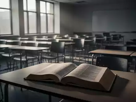 Ein leeres Klassenzimmer mit ordentlich angeordneten Stühlen, sanftes Licht fällt durch die Fenster. Ein offenes Lehrbuch liegt auf einem Pult. - Foto: über boerse-global.de