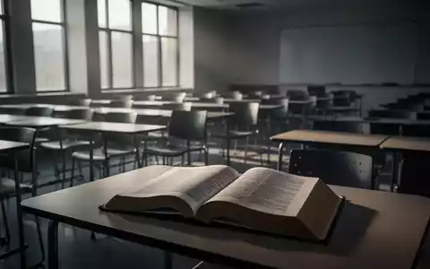 Ein leeres Klassenzimmer mit ordentlich angeordneten Stühlen, sanftes Licht fällt durch die Fenster. Ein offenes Lehrbuch liegt auf einem Pult. - Foto: über boerse-global.de