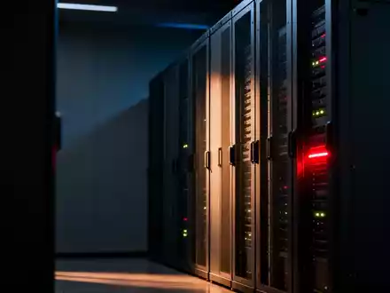 Ein Server-Rack in einem Rechenzentrum mit einem schwachen roten Licht, das einen Rückgang im Technologiesektor symbolisiert. - Foto: über boerse-global.de