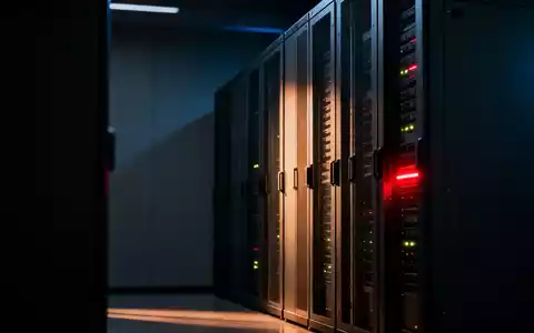 Ein Server-Rack in einem Rechenzentrum mit einem schwachen roten Licht, das einen Rückgang im Technologiesektor symbolisiert. - Foto: über boerse-global.de