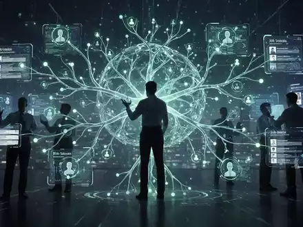 Eine futuristische, leuchtende neuronale Netzwerkgrafik, die KI und menschliche Silhouetten in der Personalbeschaffung darstellt. - Foto: über boerse-global.de