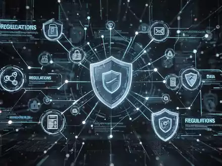Abstrakte Darstellung von digitaler Compliance und Cybersicherheit mit leuchtenden Linien und Symbolen, die Daten und Vorschriften verbinden. - Foto: über boerse-global.de