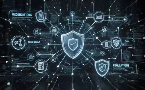 Abstrakte Darstellung von digitaler Compliance und Cybersicherheit mit leuchtenden Linien und Symbolen, die Daten und Vorschriften verbinden. - Foto: über boerse-global.de