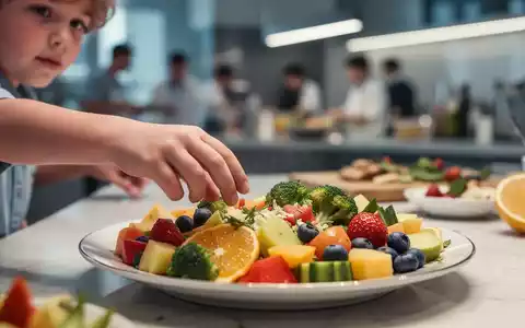 Kinderhand greift nach einem Teller mit bunten, gesunden Lebensmitteln wie Obst und Gemüse in einer modernen Küche. - Foto: über boerse-global.de