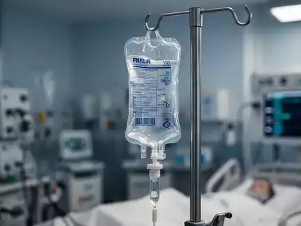 Eine Nahaufnahme eines Infusionsbeutels, der an einem Infusionsständer hängt, mit unscharfem medizinischem Hintergrund. - Foto: über boerse-global.de