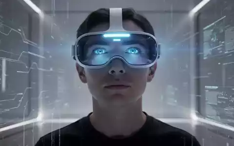 A person wearing an Apple Vision Pro headset, with a blue glow from the screen reflecting in their eyes, in a futuristic setting. - Foto: über boerse-global.de