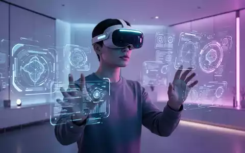 A person wearing an Apple Vision Pro headset, interacting with glowing holographic interfaces in a dimly lit, futuristic room. - Foto: über boerse-global.de