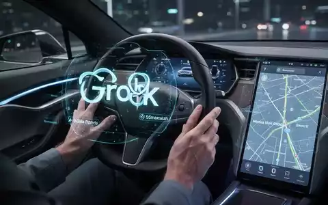 A futuristic Tesla interior with a holographic AI interface showing the Grok logo and voice commands, a driver's hands on the steering wheel, and a digital dashboard displaying FSD navigation. - Foto: über boerse-global.de