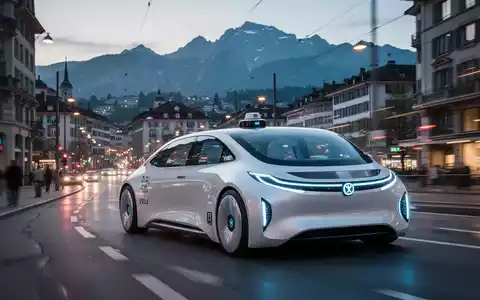 A white autonomous taxi with subtle WeRide branding on a city street in Zurich, with city lights and mountains in the background. - Foto: über boerse-global.de