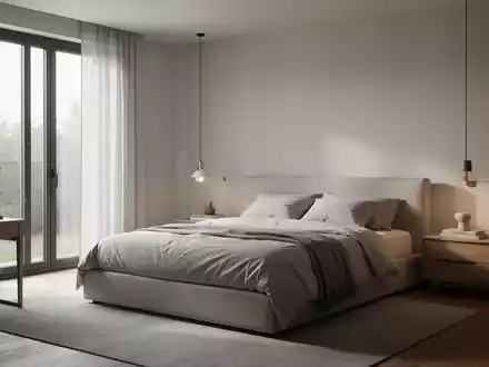 Ein minimalistisches Schlafzimmer nach einer Renovierung, mit klaren Linien, viel natürlichem Licht und einem aufgeräumten, modernen Design. - Foto: über boerse-global.de