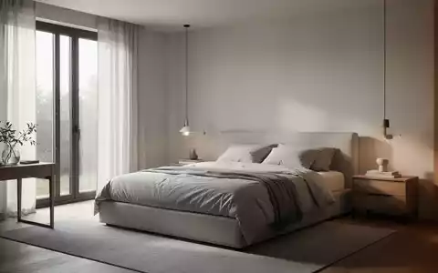 Ein minimalistisches Schlafzimmer nach einer Renovierung, mit klaren Linien, viel natürlichem Licht und einem aufgeräumten, modernen Design. - Foto: über boerse-global.de