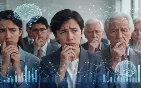 Eine Gruppe von Menschen unterschiedlichen Alters, die nachdenklich oder gestresst wirken, mit einer subtilen digitalen Datenvisualisierung im Hintergrund. - Foto: über boerse-global.de