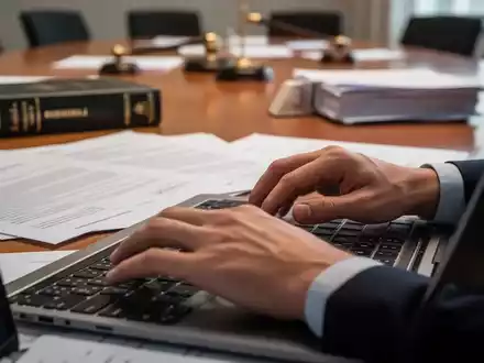 Nahaufnahme von Händen, die auf einer Laptoptastatur tippen, mit unscharfem Hintergrund von Bürodokumenten und einem Gesetzbuch. - Foto: über boerse-global.de