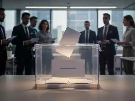 Eine Wahlurne in einem modernen Büro mit verschwommenen Personen im Hintergrund. Das Licht ist dramatisch, um die Ernsthaftigkeit zu betonen. - Foto: über boerse-global.de