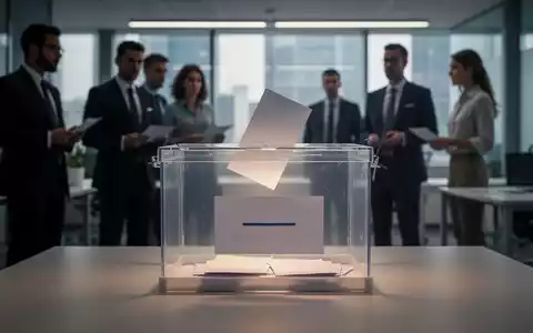 Eine Wahlurne in einem modernen Büro mit verschwommenen Personen im Hintergrund. Das Licht ist dramatisch, um die Ernsthaftigkeit zu betonen. - Foto: über boerse-global.de