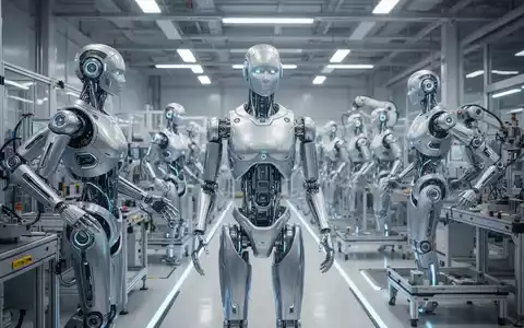 Humanoide Roboter in einer futuristischen Fabrik, die in verschiedenen Stadien der Montage sind. - Foto: über boerse-global.de