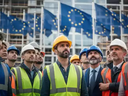 Bauarbeiter mit Schutzhelmen auf einer Baustelle, im Hintergrund verschwommen EU-Flaggen. Symbolisiert Arbeitsmigration und EU-Integration. - Foto: über boerse-global.de
