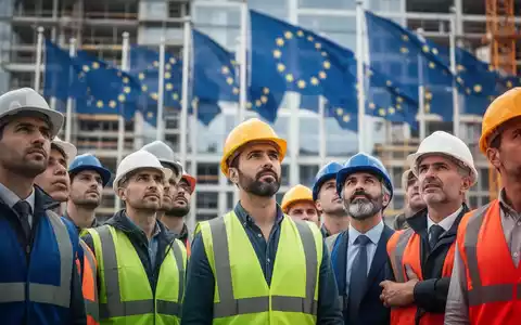 Bauarbeiter mit Schutzhelmen auf einer Baustelle, im Hintergrund verschwommen EU-Flaggen. Symbolisiert Arbeitsmigration und EU-Integration. - Foto: über boerse-global.de