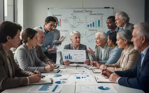 Eine Gruppe von Menschen unterschiedlichen Alters in einem Seminarraum, die Finanzdiagramme studieren und über Altersvorsorge sprechen. - Foto: über boerse-global.de