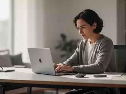 Eine Person arbeitet konzentriert an einem aufgeräumten Homeoffice-Schreibtisch, umgeben von weichem, natürlichem Licht. - Foto: über boerse-global.de