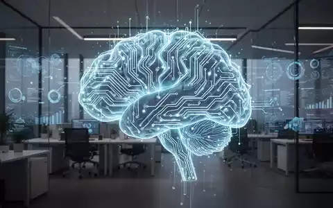 A glowing, abstract neural network resembling a brain integrated into a modern, high-tech office environment, symbolizing AI-powered productivity. - Foto: über boerse-global.de