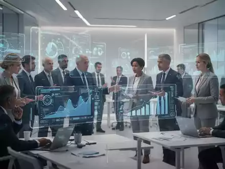 Geschäftsleute besprechen Daten in einem modernen Büro, symbolisierend Resilienz und strategische Anpassung an technologischen Wandel. - Foto: über boerse-global.de