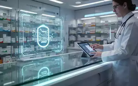 Eine Apothekerin blickt auf einen leuchtenden digitalen Bildschirm mit einem E-Rezept-Symbol, der die digitale Transformation im Gesundheitswesen symbolisiert. - Foto: über boerse-global.de