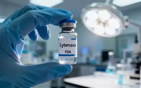 Ein pharmazeutisches Labor mit einer Hand, die ein Lytenava-Fläschchen unter hellem, sterilem Licht hält, symbolisiert die FDA-Zulassung. - Foto: über boerse-global.de