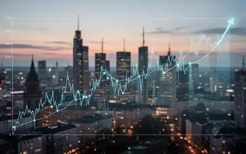 Eine stilisierte Grafik mit aufsteigendem Trend und Volatilität über der verschwommenen Frankfurter Skyline bei Dämmerung. - Foto: über boerse-global.de