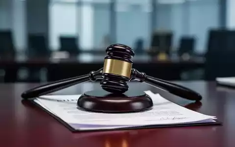 Ein Richterhammer liegt auf juristischen Dokumenten auf einem dunklen Holzschreibtisch, mit einem unscharfen Büro im Hintergrund. - Foto: über boerse-global.de