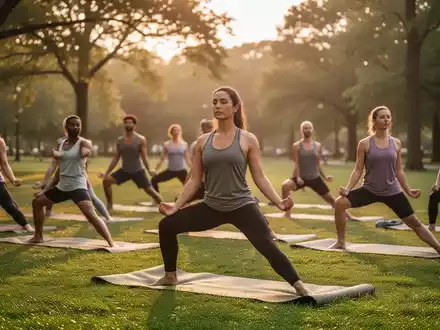 Eine Gruppe von Menschen praktiziert Yoga im Freien in einem sonnendurchfluteten Park, umgeben von grünen Bäumen. - Foto: über boerse-global.de