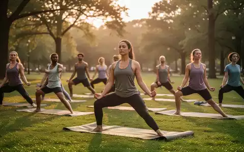 Eine Gruppe von Menschen praktiziert Yoga im Freien in einem sonnendurchfluteten Park, umgeben von grünen Bäumen. - Foto: über boerse-global.de