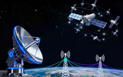 Ein futuristischer Satellitenschüssel zeigt auf ein Netzwerk von Kommunikationssatelliten im Orbit, verbunden mit Mobilfunkmasten auf der Erde. - Foto: über boerse-global.de