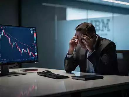 Ein besorgter Investor blickt auf einen fallenden Aktienchart mit einem unscharfen IBM-Logo im Hintergrund. - Foto: über boerse-global.de