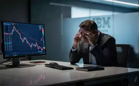 Ein besorgter Investor blickt auf einen fallenden Aktienchart mit einem unscharfen IBM-Logo im Hintergrund. - Foto: über boerse-global.de