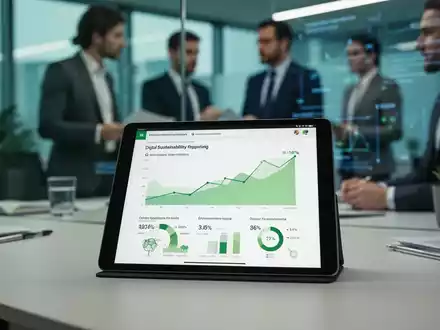 Eine Hand hält ein Tablet mit einer Grafik zur Nachhaltigkeitsberichterstattung, im Hintergrund verschwommen arbeitende Personen in einem Büro. - Foto: über boerse-global.de