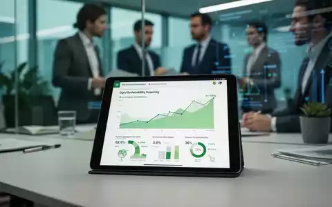 Eine Hand hält ein Tablet mit einer Grafik zur Nachhaltigkeitsberichterstattung, im Hintergrund verschwommen arbeitende Personen in einem Büro. - Foto: über boerse-global.de