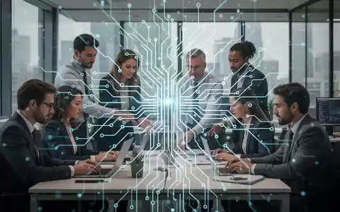 Ein stilisiertes neuronales Netzwerk überlagert eine Gruppe von Fachleuten in einem modernen Büro, die die Auswirkungen von KI auf den Arbeitsmarkt symbolisieren. - Foto: über boerse-global.de