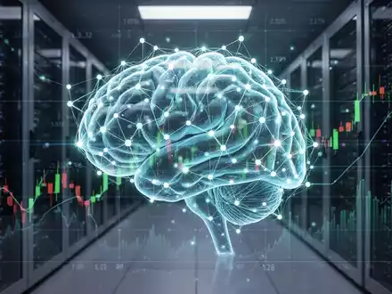 Ein stilisiertes, leuchtendes neuronales Netz, das Effizienz und Sicherheit symbolisiert, überlagert ein Finanzdiagramm oder einen Serverraum. - Foto: über boerse-global.de