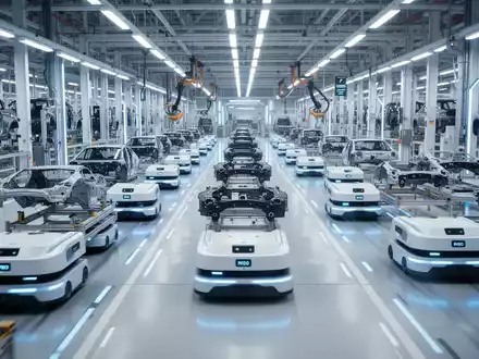 Hunderte autonomer mobiler Roboter (AMRs) bewegen sich synchron in einer modernen, hell erleuchteten Autofabrik. - Foto: über boerse-global.de