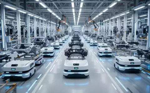 Hunderte autonomer mobiler Roboter (AMRs) bewegen sich synchron in einer modernen, hell erleuchteten Autofabrik. - Foto: über boerse-global.de