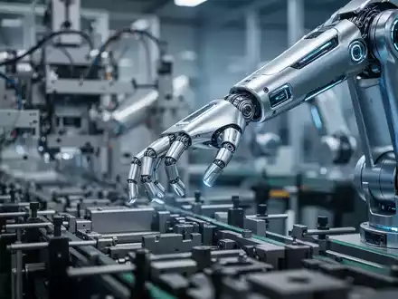 A close-up of a sophisticated humanoid robot arm with metallic components, working on an assembly line in a modern factory setting. - Foto: über boerse-global.de
